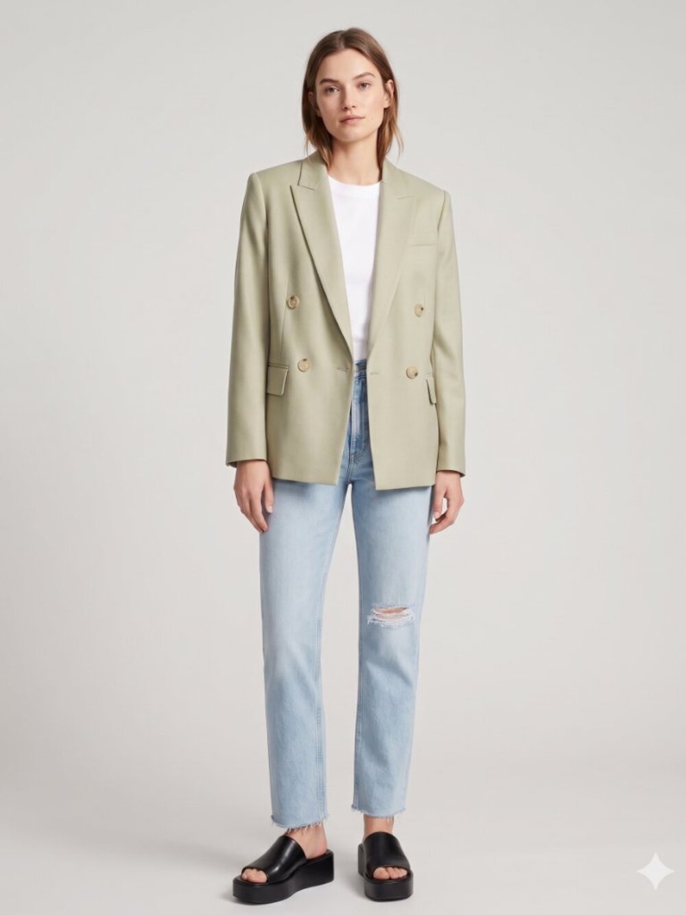 Vince Women's Single Vent Double Breasted Sage Green Twill Blazer Jacket Size 2